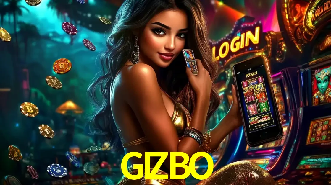 Mulher em um cenário de cassino temático de aventura, mostrando o app de caça-níqueis da GIZBO no celular. Fichas de apostas flutuam ao redor.