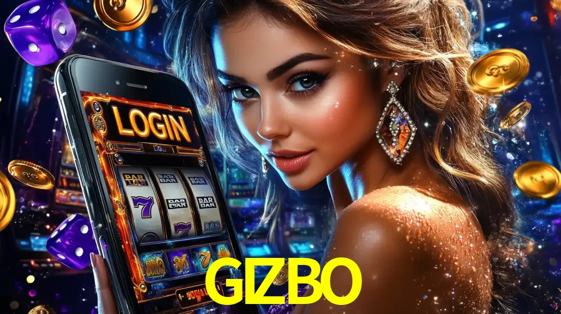 Mulher glamorosa segurando um smartphone com a tela de login para os jogos de caça-níqueis do cassino online GIZBO, com moedas de ouro e dados ao redor.