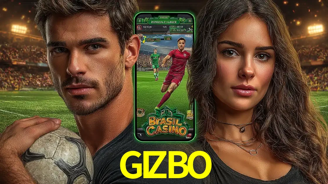 Homem segurando uma bola de futebol e uma mulher ao lado de um smartphone exibindo o jogo de apostas esportivas da GIZBO. Faça seu palpite no cassino online.